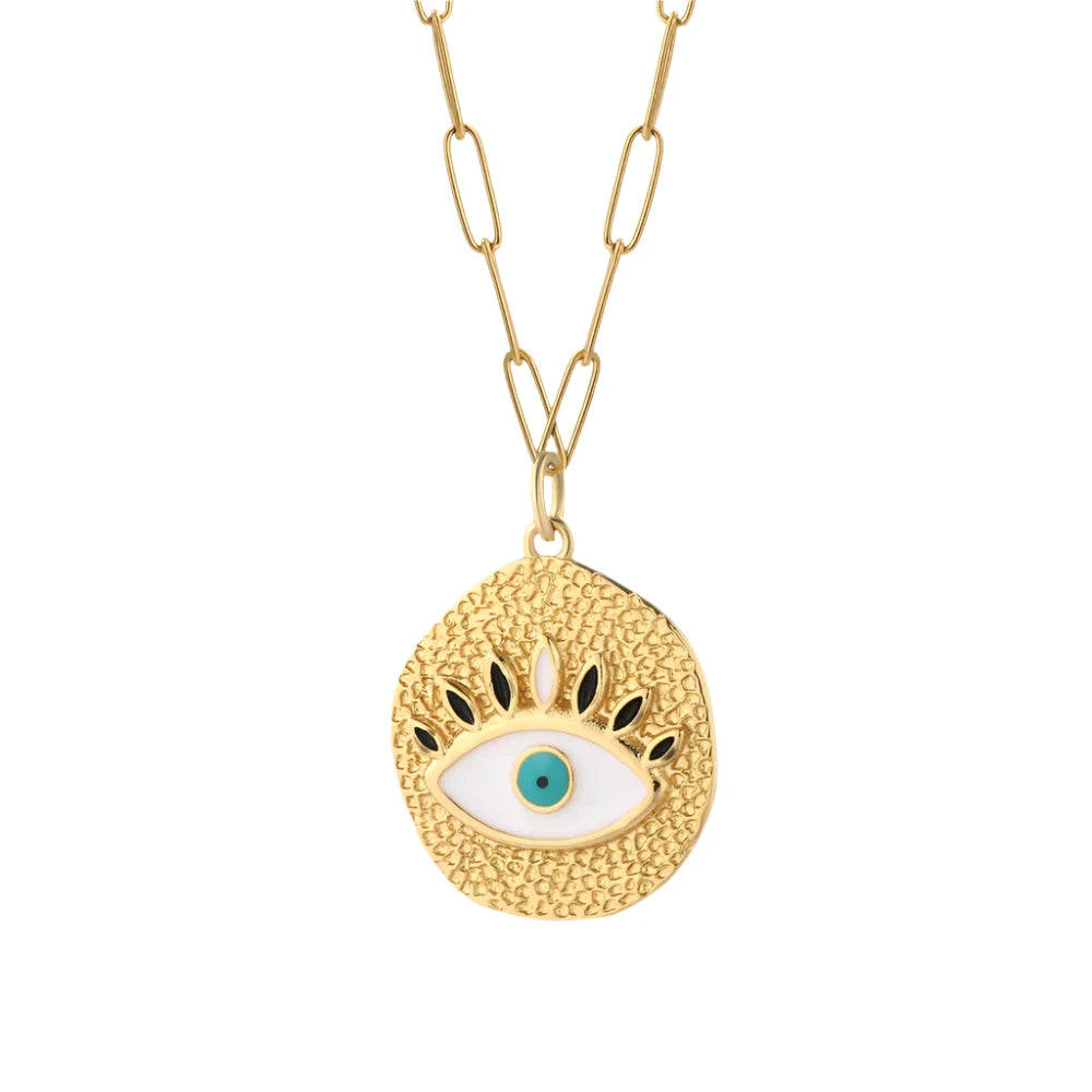 Gold Evil Eye Pendant Necklace with turquoise and black accents on a chain.